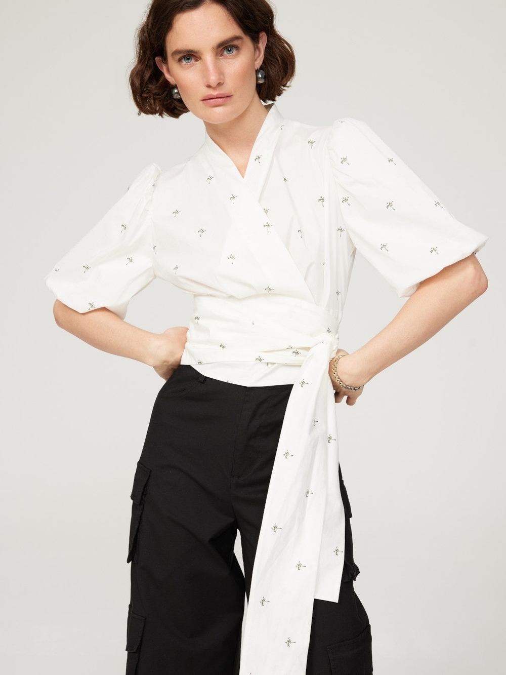White Embroidered Wrap Blouse with Tie Waist